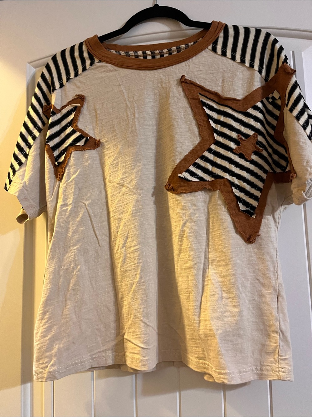 Women’s  Beige Star Applique Tee with Striped Accent